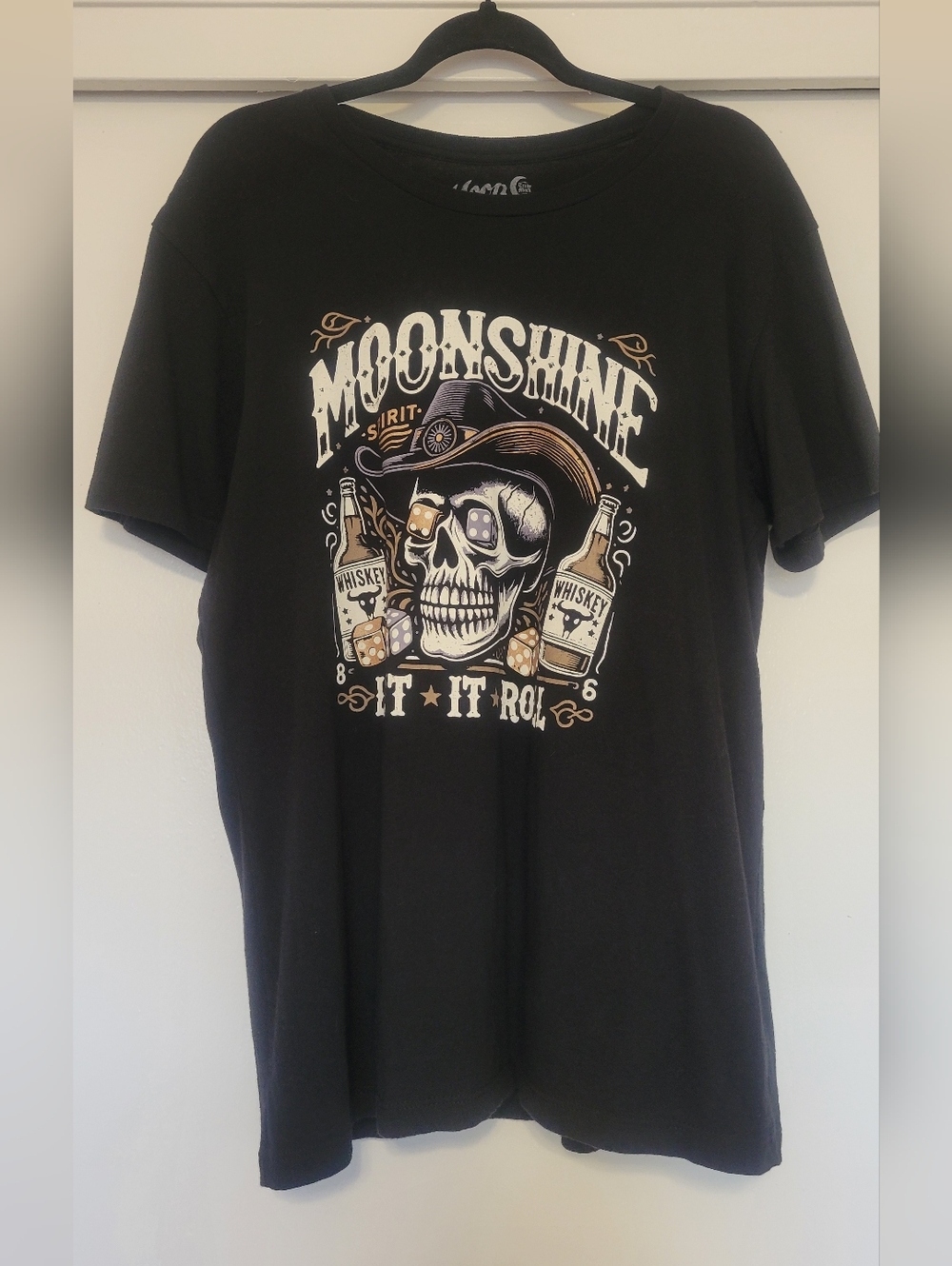 Moonshine Spirit Skull Graphic Tee Men's Size Large Black Western Whiskey Shirt